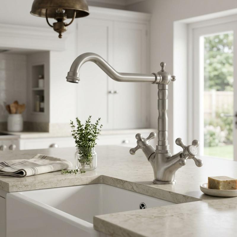 Aquanello Heritage Ascot Klassieke Keuken Nostalgische Keukenkraan RVS met Haakse Uitloоp NB-4002-HA